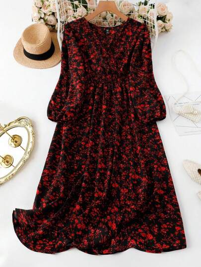 EMERY ROSE Vestido feminino plus size, manga comprida, decote em V, casual, elegante, roupa maxi feminina primavera/outono