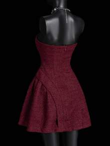 SHEIN ICON 女式优雅复古拼色蝴蝶结装饰迷你抹胸连衣裙 - 紅色和黑色 - 查看 8