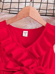 Elladie kids Vestido de princesa con volantes y dobladillo asimétrico para niña, color rojo dopamina, Día del Niño mexicano - Rojo - Ver 5