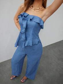 SHEIN Unity 2pcs Women's Fashion Elegant Asymmetrical Hem Ruffle Camisole And Pants Set - Blue - View 5