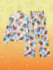 GARFIELD | SHEIN Set Piyama Musim Gugur/Dingin untuk Anak Perempuan Remaja Motif Kartun Beruang Kotak-kotak Warna-warni Atasan Lengan Panjang Berkerah dan Celana Panjang Lebar - MultiWarna - View 2