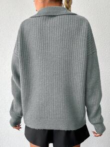 EURMUSE 1pc Women's Solid Color Zip-Up Long Sleeve Collared Minimalist Casual Sweater - Grey - View 2
