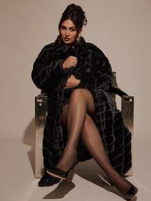 SHEIN BAE Plus Size Women Solid Color Lapel NeckLong Sleeve Long Faux Fur Coat/Winter