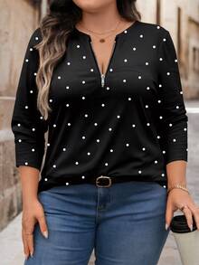 Mellowie Locker sitzendes Langarm-T-Shirt mit Rundhalsausschnitt und halbem Reißverschluss in Übergröße