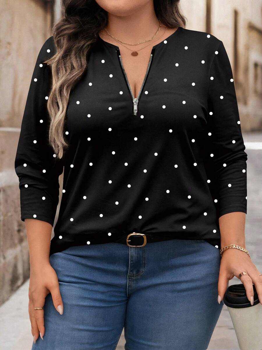 Mellowie Locker sitzendes Langarm-T-Shirt mit Rundhalsausschnitt und halbem Reißverschluss in Übergröße