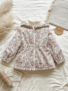 SHEIN Vintaside Kids 女童可爱印花保暖拉链外套，秋冬季 - 米色 - 查看 4