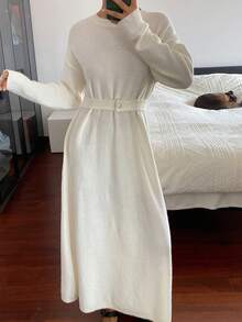 DAZY Women's Elegant Solid Color Round Neck Belted Sweater Dress, Autumn - Beige - View 1
