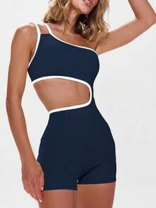 Musera Sport 不对称领口撞色滚边镂空连体运动服，适合健身、板式网球、网球、匹克球、健身房、秋季瑜伽、普拉提、日常休闲穿着。 - 藏蓝色 - 查看 5