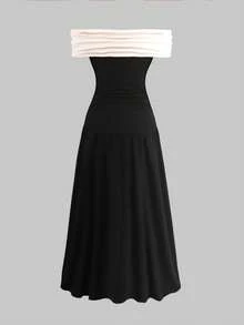 Tween Girl Elegant Evening Party Maxi Dress,Black And Cream Summer Off Shoulder 3D Ribbon Bow Decor Contrast Color Splice Ruched Ruffle Hem Midi Dress - Black - View 3
