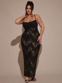 SHEIN BAE Plus Size Women Elegant Sexy Lace Long Dress,Elegant Dress,Winter, Summer,Cozy Fall And Winter,Halloween Costume, Christmas Outfit,New Year Outfit,Thanksgiving Plus Size,Elegant Dresses For Party,Sexy Club Outfits,Cozy Fall & Winter Styles,Plus Size Halloween Costumes,Formal Dresses,Wedding Guest Dress,Plus Size,Halloween Costumes Plus Size,Black Dress, Cocktail Dress,Birthday Party - Black - View 6