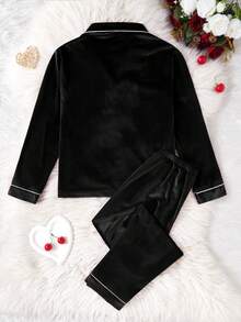 SHEIN 2 件套女童睡衣套装，黑色休闲韩版羊毛心形刺绣开衫长袖和裤子家居服 - 黑色 - 查看 2