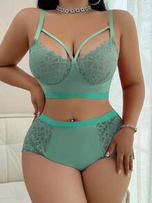 SHEIN 2 件大码无线蕾丝拼布 Bralette 套装蓝绿色内衣套装，蕾丝内衣套装蓝绿色文胸和内裤套装 2 件内衣套装，提升 - 綠色 - 查看 4