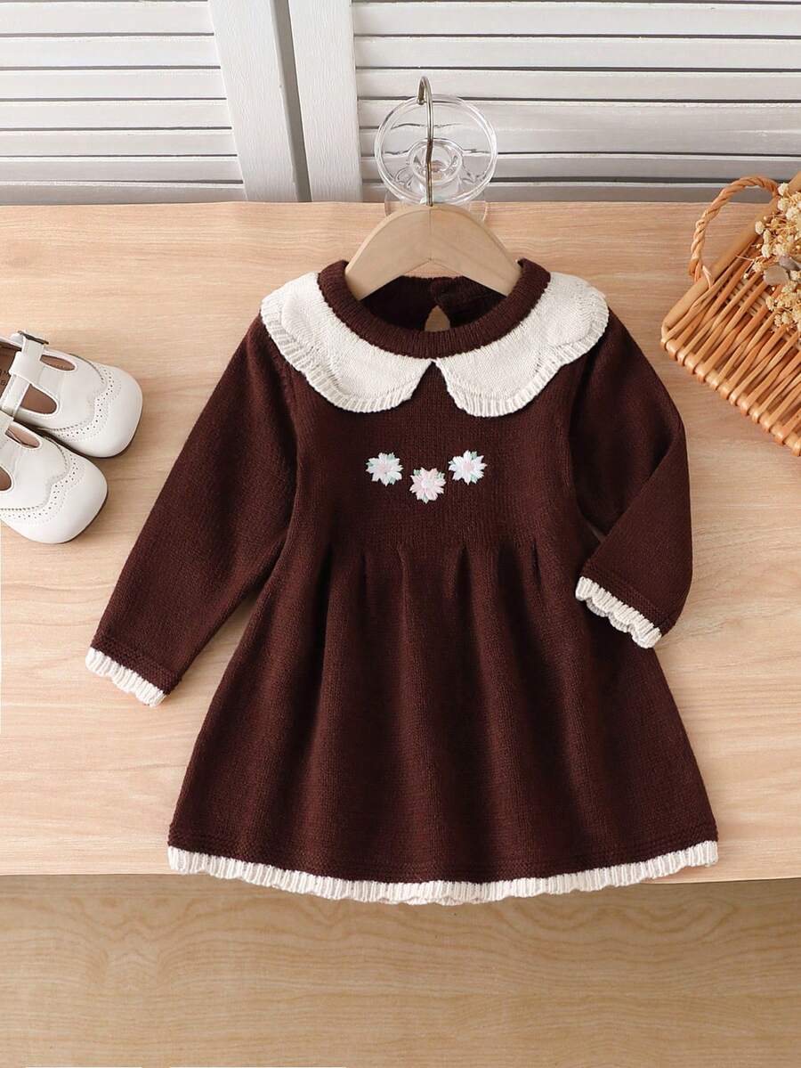 SHEIN Vintaside Kids Baby Girls Floral Embroidered Knit Sweater Dress, Khaki, Elegant & Fashionable, Suitable For Autumn/Winter, School, Daily Wear, Home, Outings, Travel Christmas Dress For Baby Girl Brown Baby Girl Dress Baby Girl Knitted Dress Baby Winter Dress Baby Long Sleeve Dress - Brown - View 1