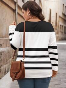 EMERY ROSE Plus Size Loose Fit Half Zip Round Neck Long Sleeve T-Shirt,Spring/Summer/Vacation - Black and White - View 2