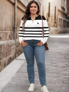 EMERY ROSE Plus Size Loose Fit Half Zip Round Neck Long Sleeve T-Shirt,Spring/Summer/Vacation - Black and White - View 5