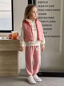 SHEIN 3 件套女童休闲可爱长袖上衣、无袖拉链背心和松紧腰裤套装 - 粉色 - 查看 4