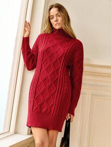 Écloséra French Retro Loose Turtleneck Long Sleeve Argyle Knit Burgundy Sweater Dress For Women, Autumn/Winter, Winter Clothes For Women Winter Dress Women Christmas Clothes For Women New Year Dress Elegant Dresses For Women Red Dress For Women - Burgundy - View 5