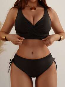 Swim SXY Summer Beach Women Color Block Halter Cross Front Bikini Top And Drawstring Triangle Bottom Set For Vacation - Black - View 5