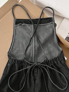 Comfortcana 女式休闲露背交叉牛仔连体衣 - 黑色 - 查看 7