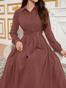 Modelyn 简约前扣系带领长袖端庄连衣裙长款晚礼服 - 粉色 - 查看 2