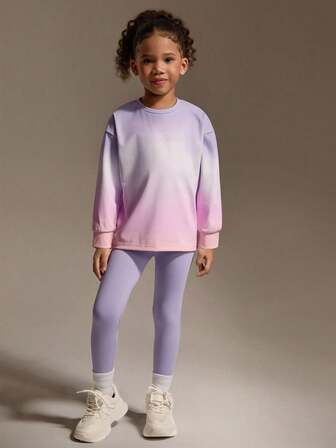 SHEIN Young Girls 2pcs Set, Gradient Print Top + Solid Color Knit Pants, Outdoor Sports Casual Outfit, All Season