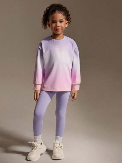 SHEIN Young Girls 2pcs Set, Gradient Print Top + Solid Color Knit Pants, Outdoor Sports Casual Outfit, All Season