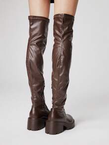 ROMWE 女式厚底粗跟时尚百搭过膝长靴 - 棕色 - 查看 5