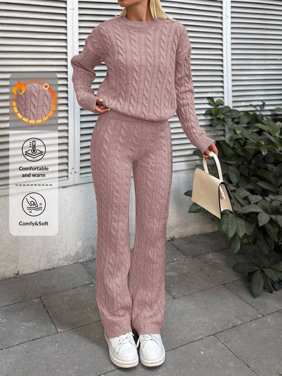 SHEIN Cottnline Solid Color Drop Shoulder Cable Knit Sweater And Knitted Pants Two Piece Set - Dusty Pink - View 1