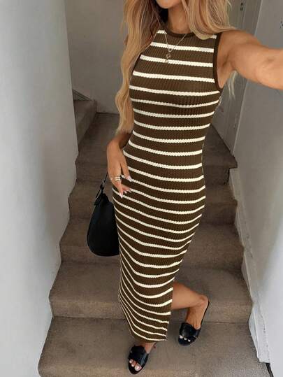 Easowa Black & White Striped Fitted Side Slit Midi Dress, Casual For Vacation, Office Wear, Spring/Summer