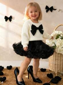 SHEIN Baby Girl Cute Casual Lady Elegant Bow Cardigan Sweater Top Cardigan + Black TUTU Skirt 2-Piece Set, Three-Dimensional Bow Cardigan, Beige Cardigan Sweater, Black Skirt Sweater 2-Piece Set, Fashionable Design Cutting-Edge Fashion Design Can Be Worn Indoors And Outdoors, Simple Style, Suitable For Indoor, Outdoor, Daily, Sports, Play, Party, Photo, Vacation, Festival