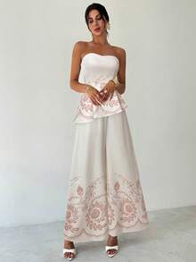 Firerie Conjunto de 2 piezas de verano con top tubo asimétrico de estampado de color contrastante y pantalones de pierna ancha de cintura alta, elegante, refinado y romántico para vacaciones y uso diario