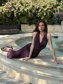 Aloruh Đầm dự tiệc Maxi lưới cổ khoét sâu, co giãn ôm sát eo thời trang mới, gợi cảm và thon gọn - Màu tím - Xem 5