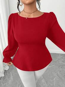 Elenzga Chemise élégante et décontractée pour femmes grandes tailles, manches bouffantes, nœud papillon dans le dos, couleur unie, été - Rouge - Voir 5