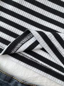 Tween Girls Long Sleeve T-Shirts, Suitable For Valentine's Day, Loungewear, Clean Girl, American BM Style, Y2K, Black & White Striped Knit U-Neck