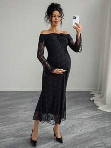 Momance Elegantes Umstandskleid mit Off-Shoulder, Langarm, Bindedetail und schwarzer Spitze - Schwarz - Übersicht 4