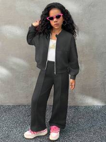 Coolane Kids 2pcs Setelan Jaket Baseball Abu-abu Gaya Koboi Musim Gugur/Dingin untuk Sekolah, Cocok untuk Anak Perempuan Usia 2-12 Tahun, Dilengkapi Resleting, Kerah, dan Celana, Setelan Olahraga yang Nyaman - Dark Grey - View 3