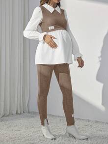 SHEIN 孕妇装春夏装新款时尚休闲拼接拼色长袖两件套 - 駝色 - 查看 3