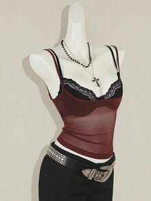 SHEIN ICON 女式红色透明吊带背心，搭配黑色蕾丝细肩带文胸，两件套 - 彩色 - 查看 5