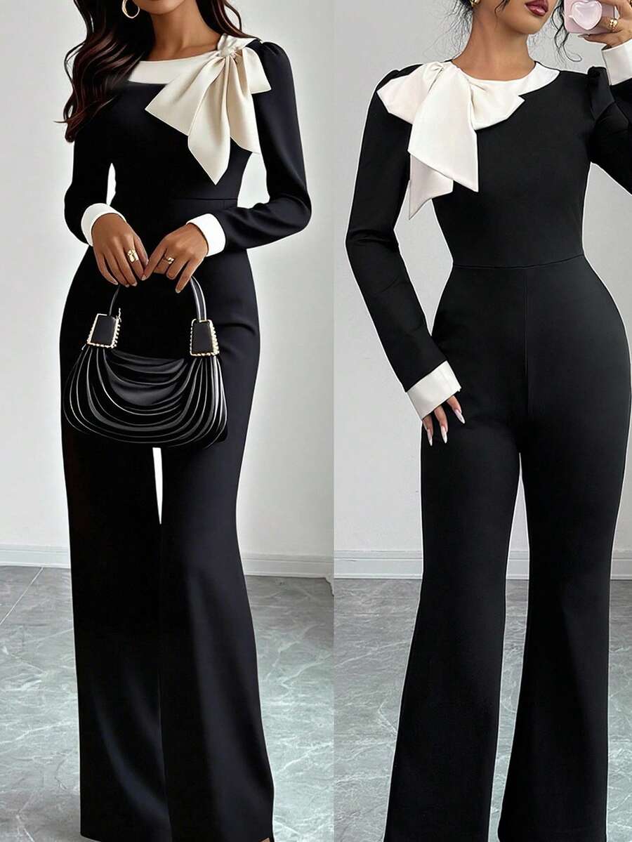 Rafferiza Tuta elegante da donna a maniche lunghe, con vita arricciata, in stile casual europeo e americano, con patchwork color albicocca e fiocco - nero - Visualizzare 1