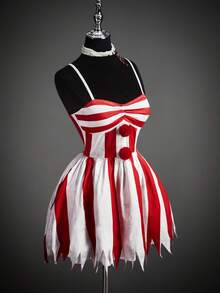 SHEIN ICON 万圣节角色扮演白色和红色派对性感小丑服装不对称下摆泡泡袖A字吊带背心裙，红白拼色 - 紅白色 - 查看 10