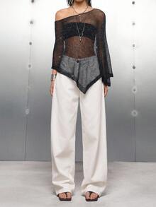 LYSMO Áo choàng cổ bất đối xứng màu trơn dành cho nữ - màu đen - Xem 6