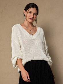 SHEIN VCAY Áo len dài tay cổ chữ V màu trơn cỡ lớn dành cho nữ - trắng - Xem 4