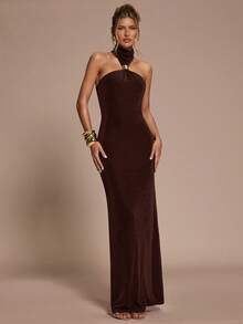 SHEIN BAE 女士纯棕色露背金属扣装饰直下摆开叉下摆优雅连衣裙，适合鸡尾酒会、浪漫约会、秋冬分层穿着、派对、万圣节、圣诞节 - 棕色 - 查看 5