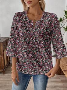 EMERY ROSE 休闲花卉图案 V 领 3/4 袖女式工作衬衫，春秋季 - 彩色 - 查看 3