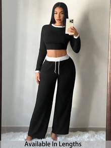 SHEIN PETITE CURVE 2件套加大码女式撞色修身长袖上衣和裤子套装 - 黑色 - 查看 1