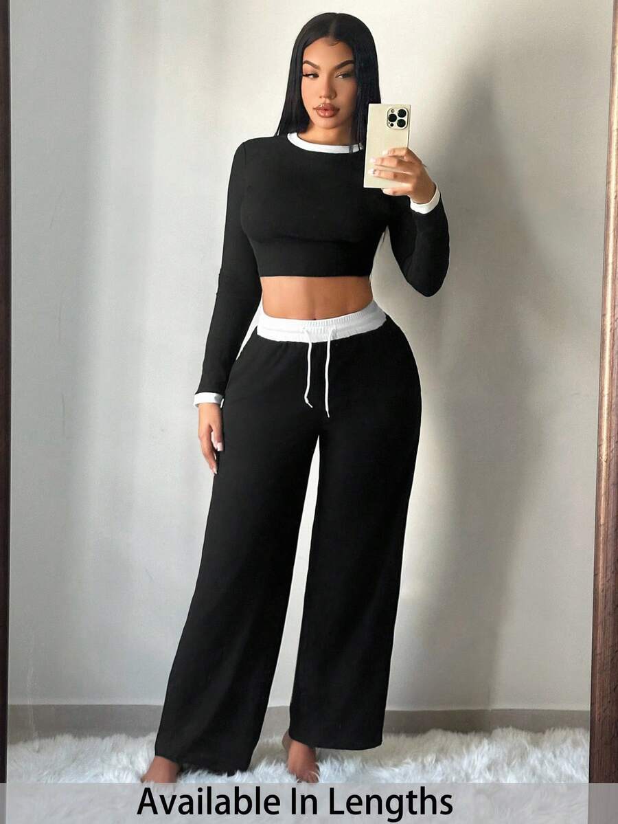 SHEIN PETITE CURVE 2件套加大码女式撞色修身长袖上衣和裤子套装 - 黑色 - 查看 1