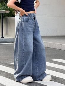 SHEIN Tween 女童高腰口袋阔腿宽松休闲百搭牛仔裤，秋冬 - 中等水洗藍 - 查看 7