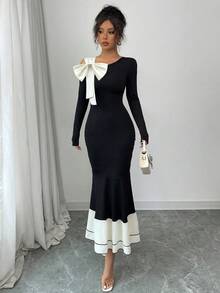 SHEIN PETITE Women's Asymmetric Collar Bow Patchwork Fitted Elegant Long Sleeve Dress - Apricot - View 6