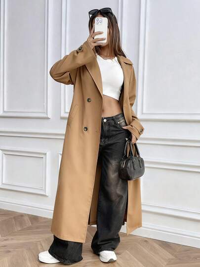 Chiquease 女式纯色双排扣长袖风衣，秋冬