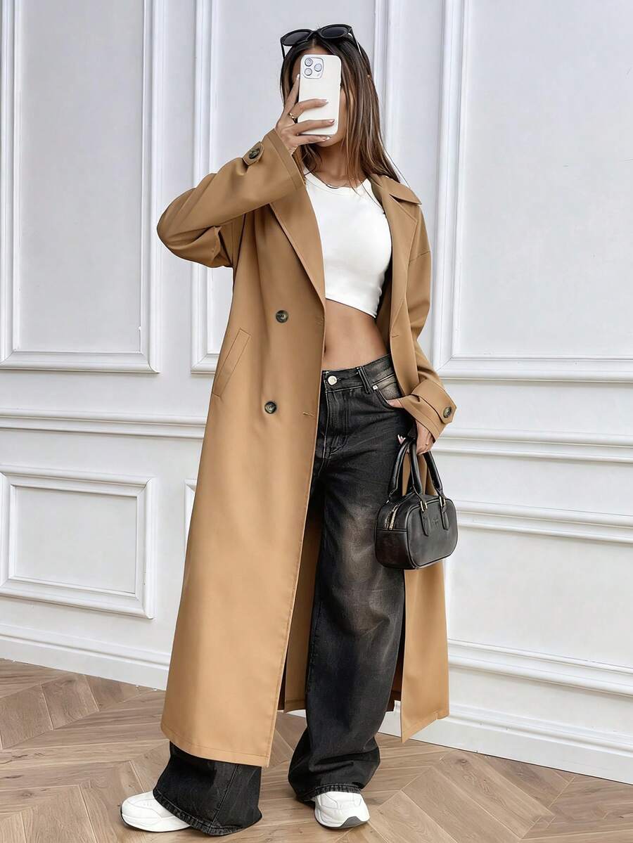 Chiquease 女式纯色双排扣长袖风衣，秋冬 - 駝色 - 查看 1